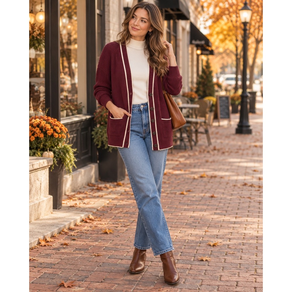 Old Navy Women's L Burgundy Varsity Cardigan Cream Trim 100% Cotton Preppy